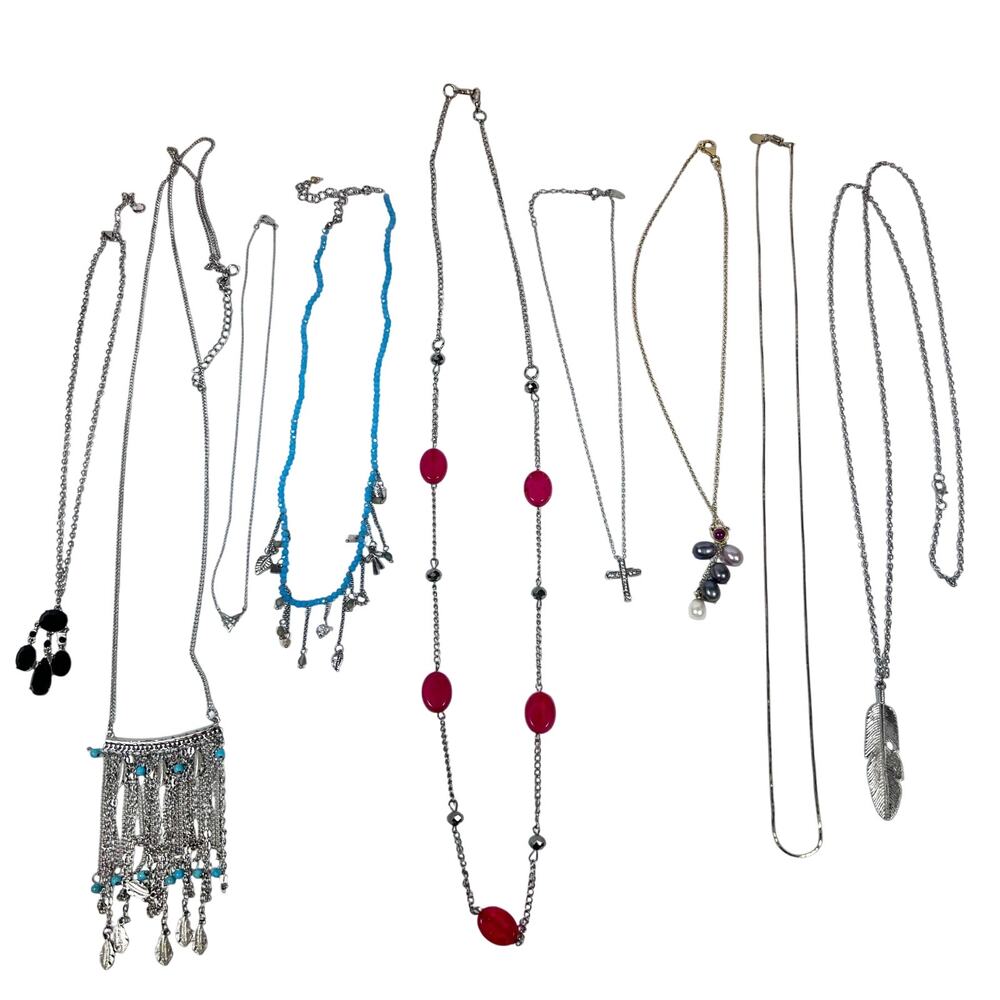 Lot of 9 Necklaces Southwestern Fantasy Jewelry Rhinestones Silver Tone